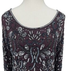 Vintage Pisarro Nights Mini Dress Beaded Sequins Long Sleeve Deep‎ Purple 14